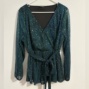 Bloomchic Sequin Mesh Sheer Sleeve Wrap Belted Striped Blouse Dressy Elegant